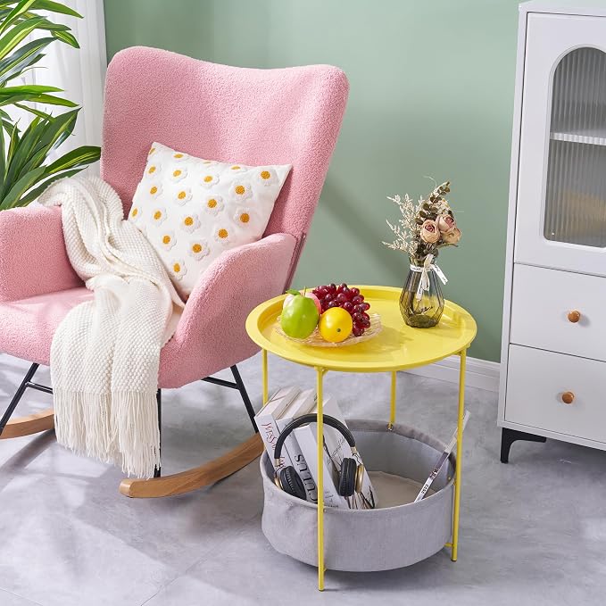 VECELO Round Side/End Table with Fabric Storage Basket，Metal Anti-Rust and Waterproof Small Bedside Nightstand with Removable Tray Top for Living Room，Balcony & Laundry，Yellow /1pcs with Basket - Image 4