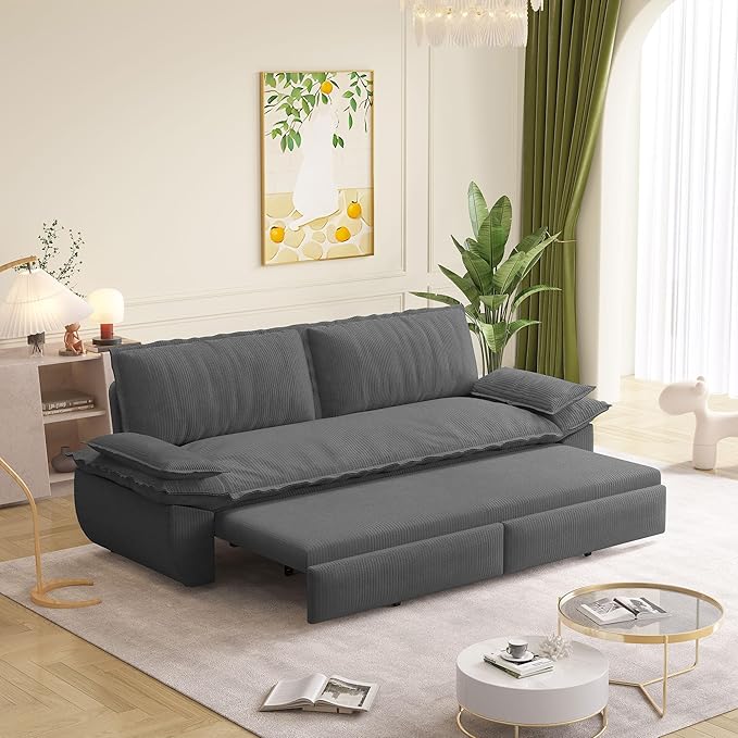 73.2" Queen Size Pull Out Sofa Bed, 3-in-1 Convertible Sleeper, Corduroy Loveseat for Living Room, Apartment, Bedroom Small Spaces, Dark Grey (Mattress & Bedding Not Included)