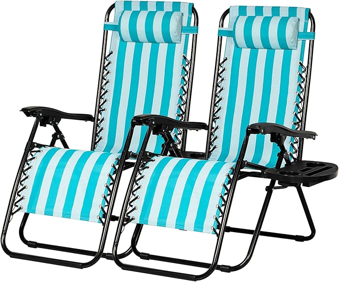 Nazhura Set of 2 Relaxing Recliners Patio Chairs Adjustable Steel Mesh Zero Gravity Lounge Chair Beach Chairs with Pillow and Cup Holder (Light Blue Stripe) by NazhuraGoodCompanionAtHome