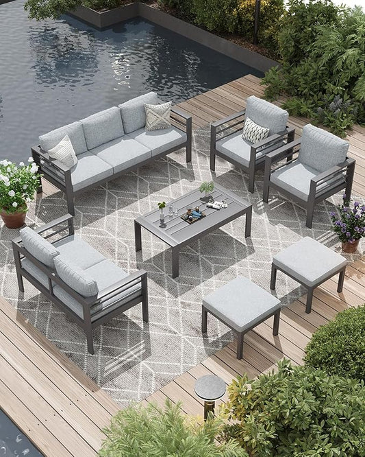 AECOJOY Aluminum Patio Furniture Set, 9 Seats Modern Outdoor Furniture with Coffee Table, 7 Pieces Metal Conversation Sectional Sofa, Light Gray