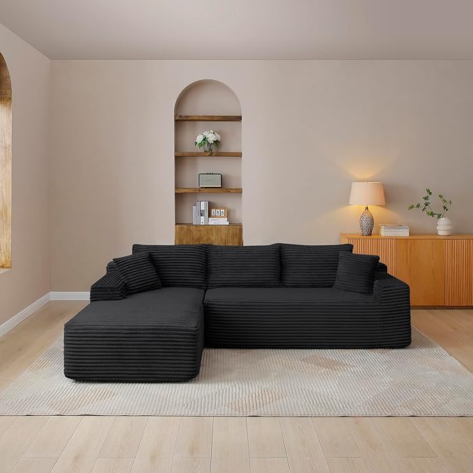 105-Inch L-Shaped Left Facing Corner Compressed Sofa Modular Sectional Boneless Cloud Sofa Floor Foam Couch with Chaise Lounge, Corduroy Corner Boneless Cloud Couch