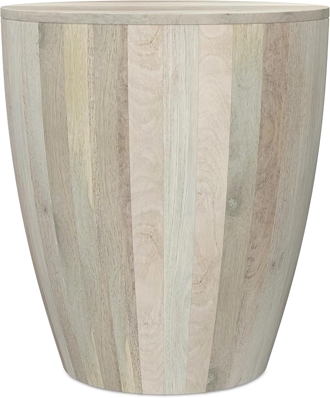 SIMPLIHOME Elmbrook End Table - 21 inch Wide Solid Mango Wood Round Drum Table with Vertical Panel Detailing in White Wash, Modern Nightstand or Plant Stand for Living Room or Bedroom, Assembled