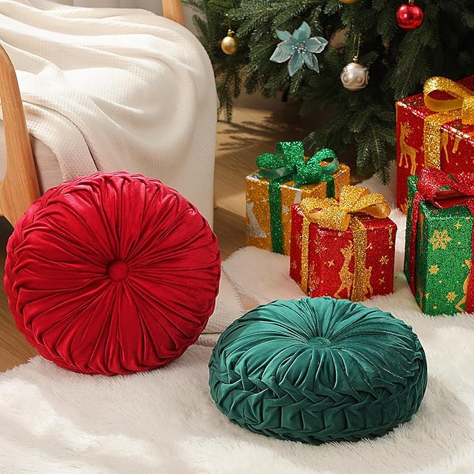 Beeveer 2 Pcs Round Throw Pillows 15 Inch Decorative Velvet Pleated Pumpkin Pillows Boho Floor Pillow with Center Button for Living Room Couch Chair Bed Sofa Home Decoration (Red and Green)