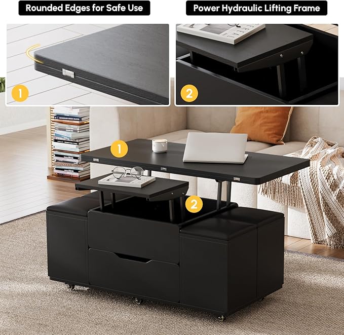 homary Coffee Table with Stools, Black 3-in-1 Modern Lift-Top Folding Center Table with Hidden Storage, Casters, and Lockable Wheels ¨C Convertible Dining & Office Table for Living Room