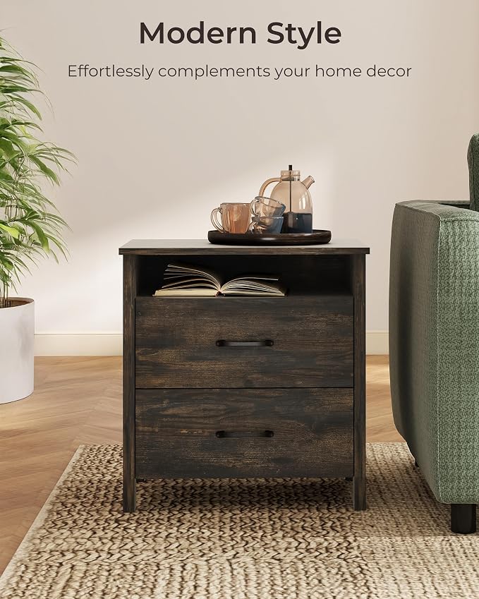 Farmhouse Nightstand Set of 2, Rustic Nightstand with 2 Drawers, Wood End Table with Open Shelf, Side Table for Bedroom, Dark Brown - Image 6