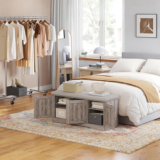 DINZI LVJ Shoe Bench, Entryway Storage Bench with Doors, Cushion, 2-Tier Shoe Rack with 6-Cubby, 39.4”L x 13.8”W Shoe Organizer Cabinet, Adjustable Shelf, Living Room, Bedroom, Greige - Image 2