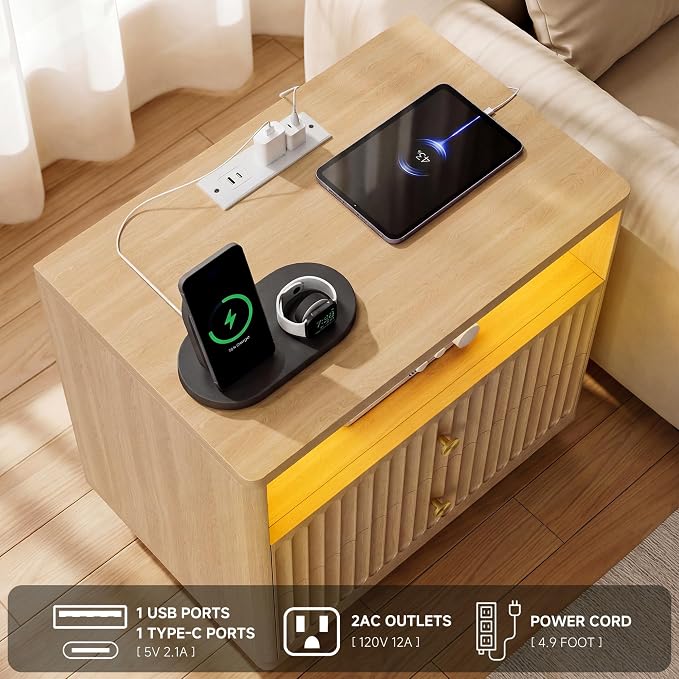 PAPROOS 23'' Fluted Nightstand Set of 2 with Charging Station, Modern Bedside Table with Motion Sensor LED Light, 2-Drawer Storage Cabinet for Bedroom & Home Office (2pc Natural Wood) - Image 4