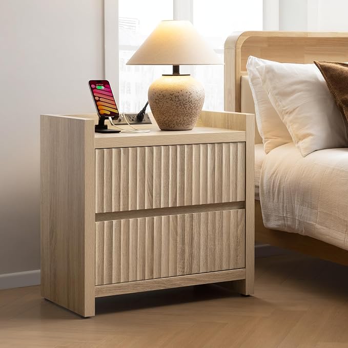 SICOTAS Night Stands Set of 2-Fluted Nightstands with Charging Station- Large Nightstand Bedside Table End Table with 2 Drawers, 25" Tall Mid Century Modern Night Stand for Bedroom, Sofa Side - Image 4