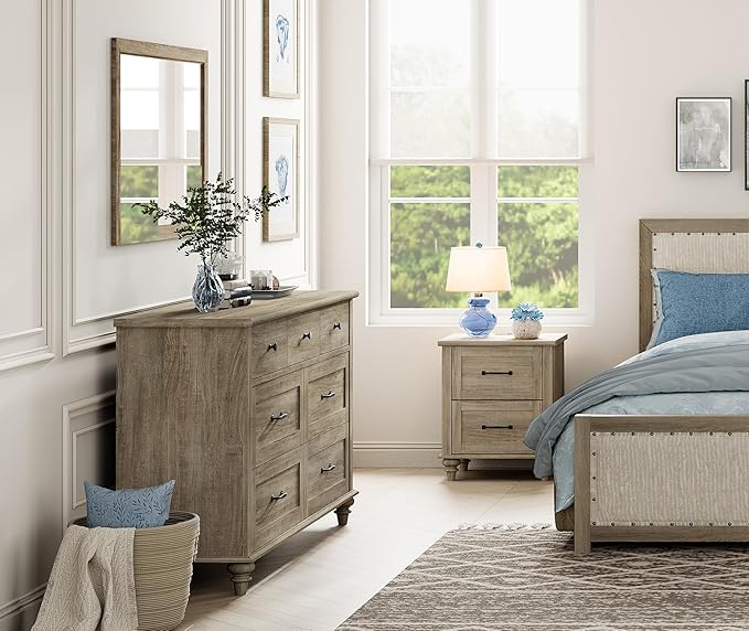 WAMPAT 2 Piece Bedroom Set - Includes 7 Drawer Dresser for Bedroom, Farmhouse Nightstand with Charging Station & Drawers, 2 Piece Dresser and Nightstand Sets, Grey