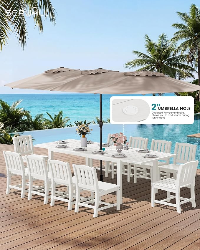 SERWALL 10-Piece Patio Dining Sets with 15FT Patio Umbrella, 60" - 83" Expandable Outdoor Dining Table and 8 HDPE Chairs, All Weather HDPE Outdoor Furniture Set, White (Umbreall Base not Included) - Image 2