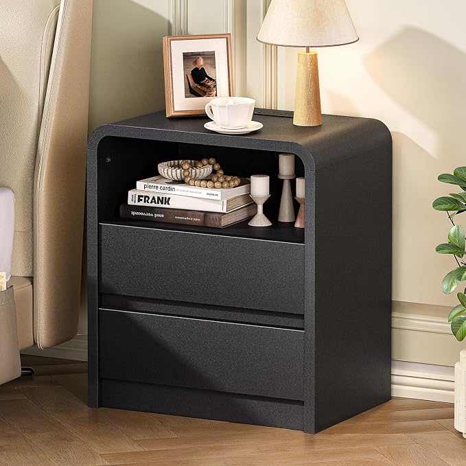 Modern Night Stand with Charging Station, 25" Tall Wood Nightstand Bedside Table with 3 Drawers & USB Ports, Mid-Century End Table for Bedroom (1, Black Smooth, 2 Drawers) by Expandyourspacewithendlesspossibilities