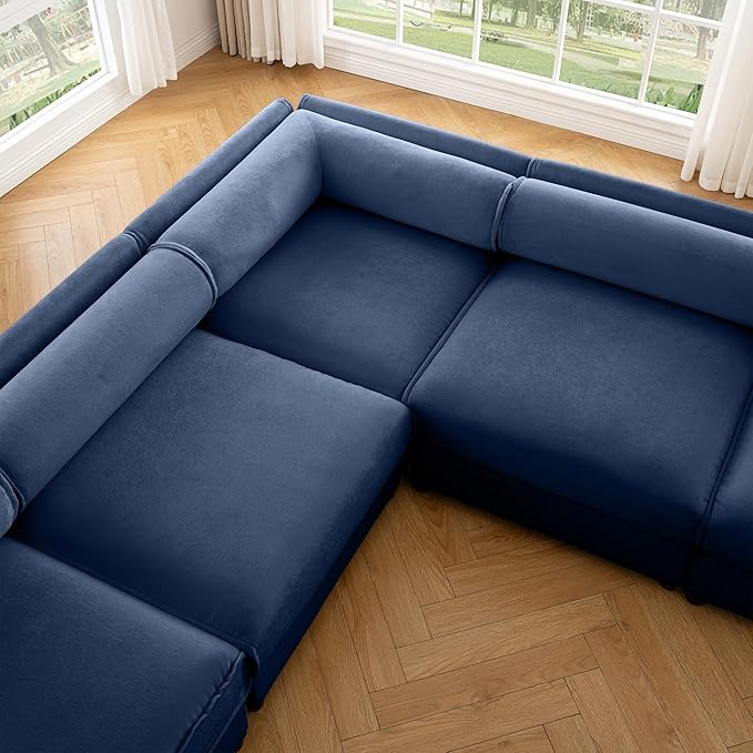 KEIKI 143" Large Modular Chenille Sectional Sofa with Storage Seat, 1 Ottoman, Modern 6-Seater Couch with Cylindrical Backrest and 1 Armrests, Easy Assembly, for Apartment, Living Room, Blue