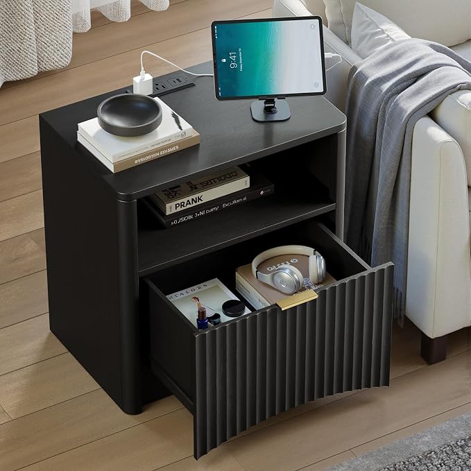 Evermagin Fluted Nightstand Set of 2 with Charging Station, Black Bedside Table with Drawer and Storage, Wood End Table Mid Century Modern, Large Night Stand for Bedroom - Image 5
