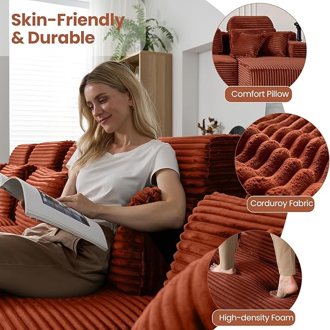 104" L-Shaped Cloud Modular Sectional Sofa with Chaise & Headrest, Boneless Deep Seat Plush Corduroy Couches for Large Living Room, No Assembly Required (Orange, 104" L-shapred Chaise)