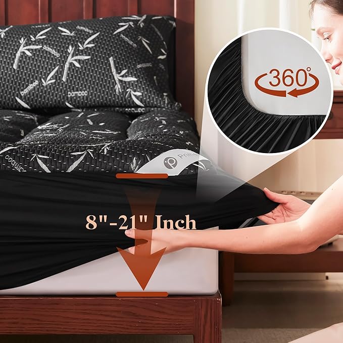 PRIMESOFT 100% Waterproof King Size Mattress Topper, Thick Pillow Top Mattress Pad，Up to 25 Inch Deep Pocket,Soft Breathable Mattress Pad for Back Pain, Protector Cover(Black)
