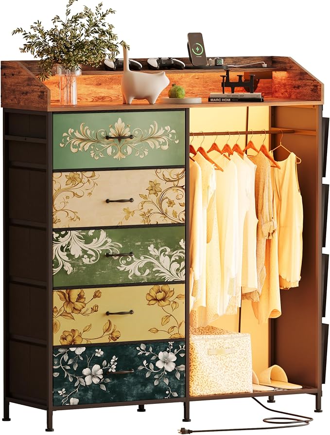 LUMTOK 2-in-1 Dresser with Hanging Racks,5 Fabric Drawers Dressers with LED Lights, Charging Station for Bedroom Living Room, Entryway, Closets (Retro Pattern) by LUMTOK