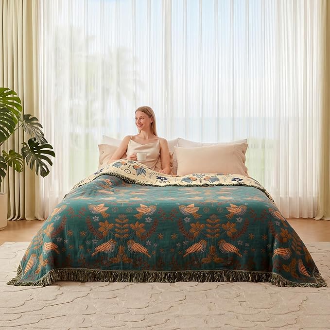 Boho Throw Blanket - 100% Cotton Soft Throw Blanket for Bed, 90"x90" Reversible Breathable Lightweight Spring Blankets, All Seasons Farmhouse Decor Floral Plant Bird Throw Quilt