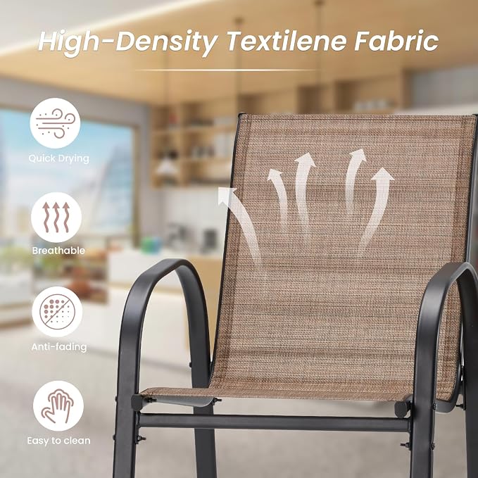 HOMREST Outdoor Bar Height Stools Set of 8,High Back Patio Chairs with Armrests,Textilene Chairs with Breathable Fabric & Metal Frame for All Weather,Brown - Image 6