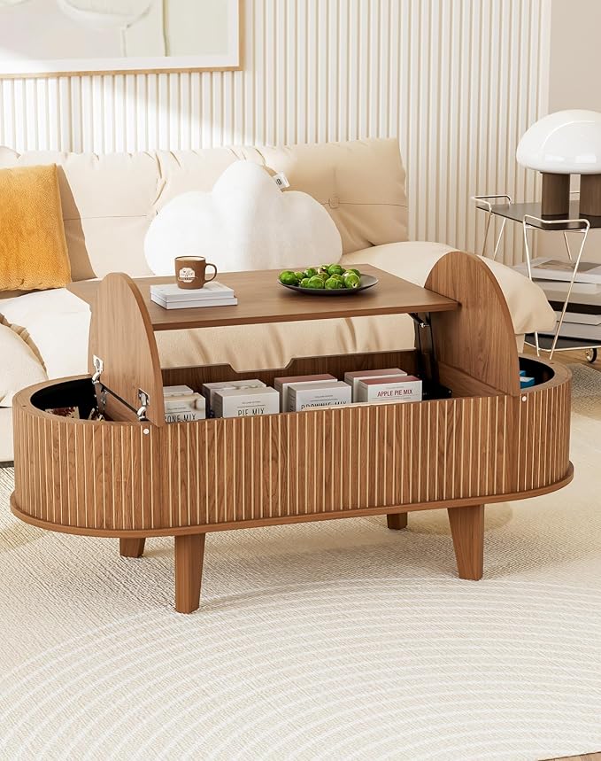 47.2" Lift Top Coffee Table with Storage, Oval Wood Fluted Coffee Table for Living Room, Mid Century Modern Center Table with Flip-Top Design, Walnut