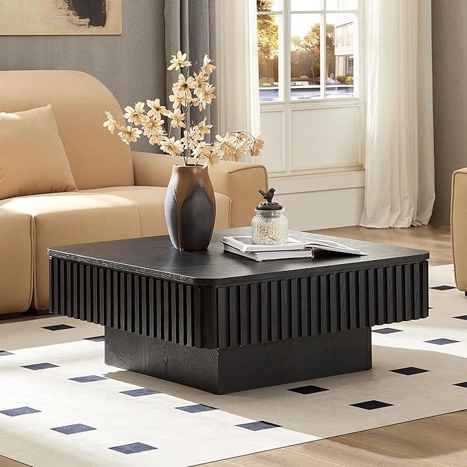 WILLIAMSPACE 35.43" Lift Top Coffee Table with Hidden Storage & Sturdy Base, Modern Luxury Square Wood Handcraft Drum Center Table Accent End Tea Table for Living Room, Minimalist Fluted Design, Black