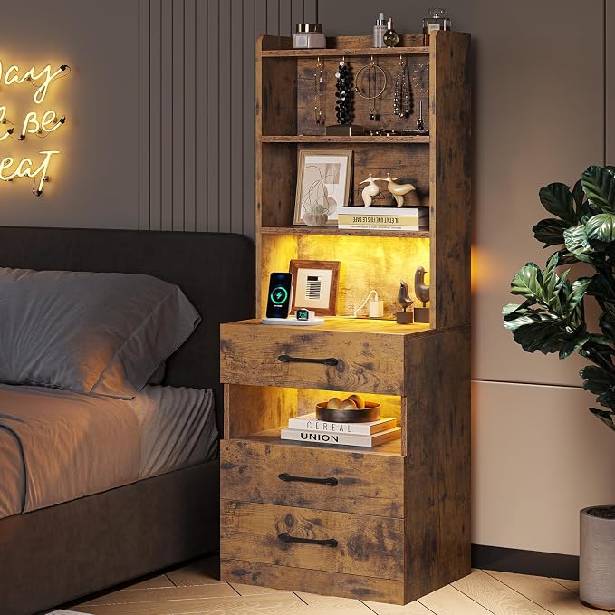 VIAGDO Tall Nightstand Set of 2 with Charging Station and LED Lights, Rustic Brown Night Stand Set 2 with Bookshelf, Modern LED Bedside Tables with 3 Drawers and Storage Shelves, Side Tables Bedroom - Image 8