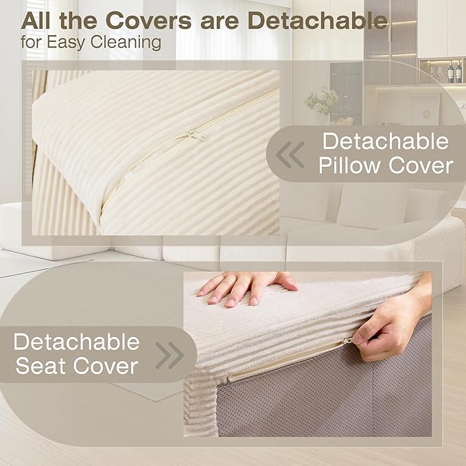 Modular Sectional Sofa, 6 Seat Modular Couch, Modular Sofa with Deep Seat and Detachable Pillow (White, 6 Pieces-L Shape)