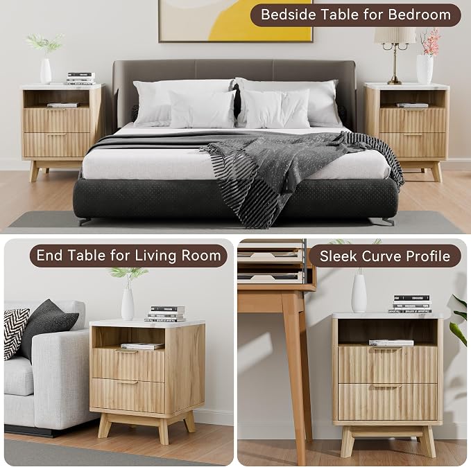 White Nightstand with 2 Drawers, 18" Modern Night Stand with Faux Marble Top, Open Storage Shelf, Fluted Bedside Table for Bedroom, End Table Side Table - Image 6