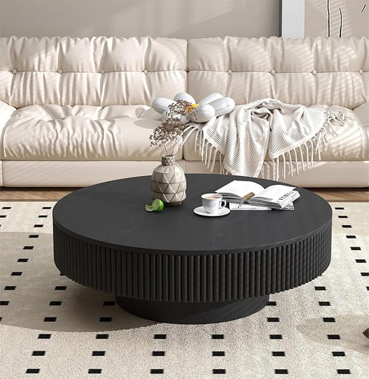 Apicizon 31.5'' Black Round Fluted Coffee Table for Living Room, Mordern Wood Drum Coffee Table for Small Space, Mid-Century Center Accent Table for Apartment