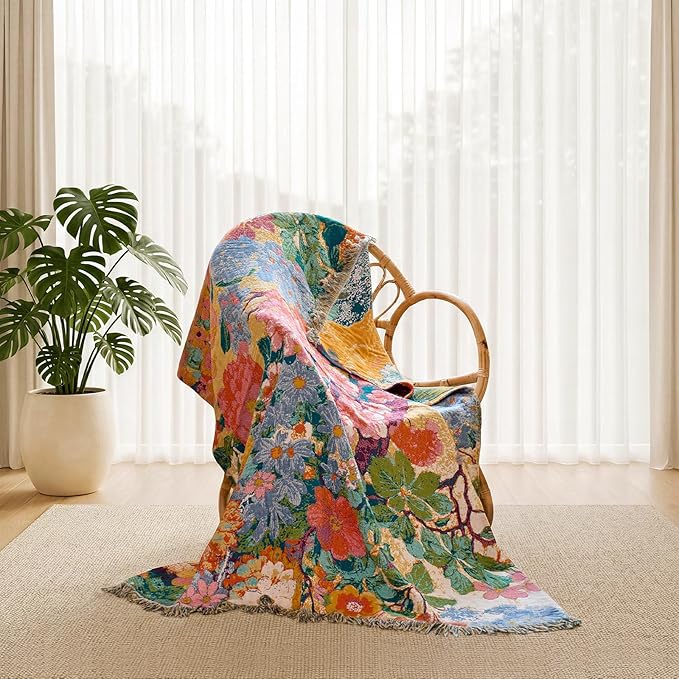 Boho Throw Blanket - 100% Cotton Throw Blankets for Bed Couch, 50"x60" Soft Muslin Lightweight Spring Throw Blanket, Cozy Oil Painting Bohemain Bedding Decor Green Throw Quilt