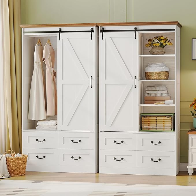 IRONCK Armoire Wardrobe Closet with 4 Drawers,71" Wardrobe Cabinet with Sliding Barn Doors, Tall Clothing Storage Cabinet with Hanging Rod and Shelves for Bedroom, White