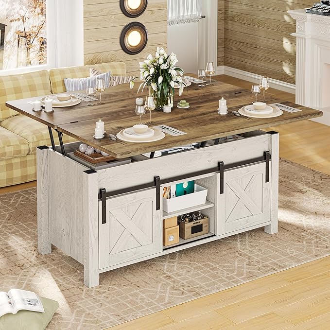 SEDETA Lift Top Coffee Table, 4 in 1 Multi-Function Convertible Coffee Tables with Storage and Hidden Compartment, Farmhouse Coffee Table Converts to Dining Table for Living Room, Brown Top | 4 in 1, Multi-Function, Storage, Hidden Compartment, Living ...