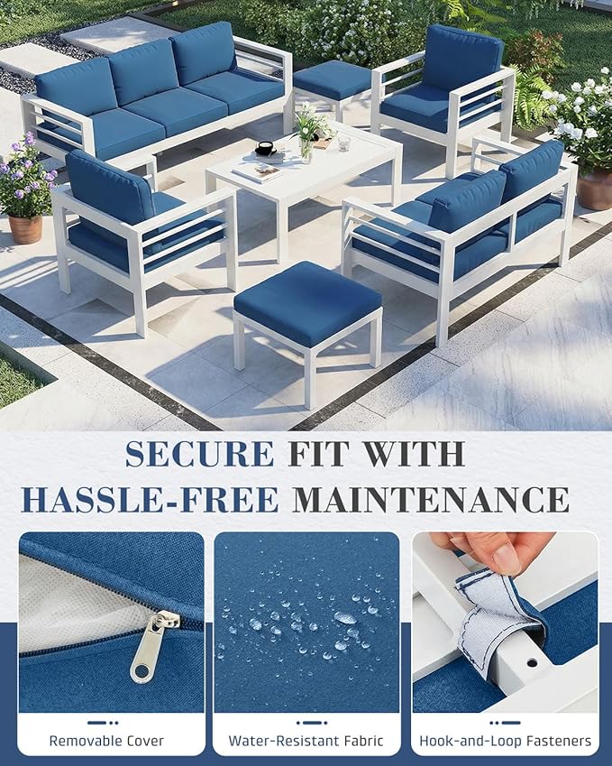 AECOJOY Aluminum Patio Furniture Set, 9 Seats Modern Outdoor Furniture with Coffee Table, 7 Pieces Metal Conversation Sectional Sofa, White Frame/Blue Cushion