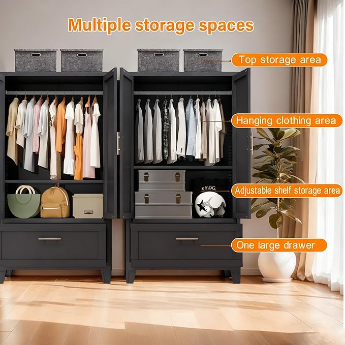 60" Metal Armoire Wardrobe Closet with 1 Drawer, Freestanding Arched 2-Door Tall Clothing Storage with Adjustable Shelves and Hanging Rod for Bedroom Dorm, Black