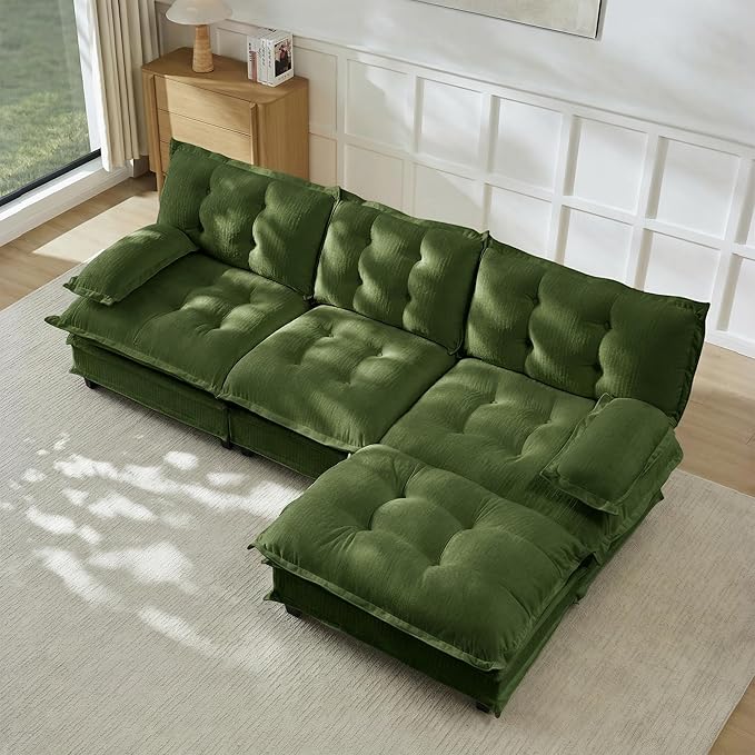 108" Oversized L Shaped Modular Sectional Sofa with Reversible Ottoman, Comfy Chenille Upholstered Cloud Couch 4-Seater Sofa Set for Living Room, Apartment, Office | Free Combination, Tufted