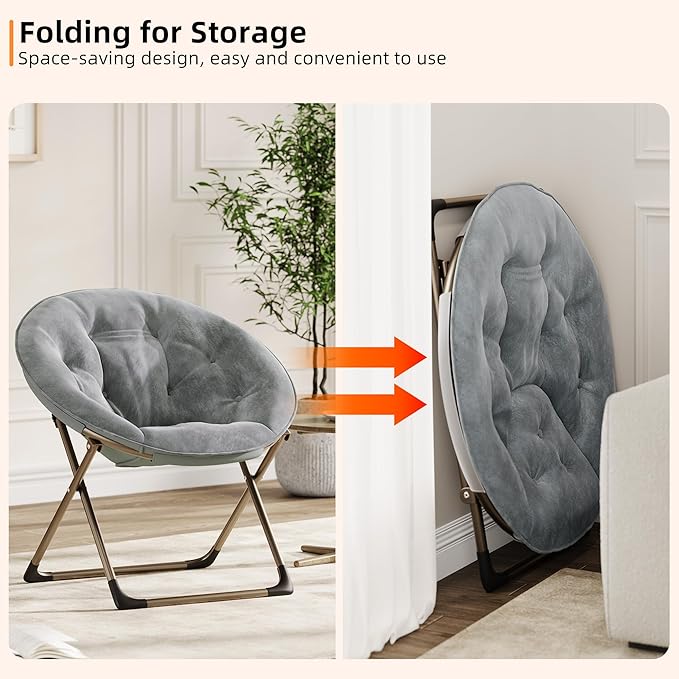 GAOMON Saucer Chair, Comfy Chair Faux Fur Lounge Moon Chair with Folding Metal Frame, Oversized Plush Flower Accent Seat for Adults, Teens & Kids, for Teens, Bedroom, Dorm or Living Room, Grey