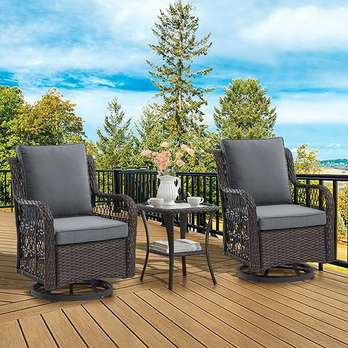 GarveeHome 3 Piece Outdoor Patio Set, Wicker Rocking Bistro Set with 2 Swivel Chairs & Tempered Glass Top Table, Rattan Outdoor Furniture with Cushions for Patio Porch Backyard