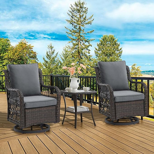 GarveeHome 3 Piece Outdoor Patio Set, Wicker Rocking Bistro Set with 2 Swivel Chairs & Tempered Glass Top Table, Rattan Outdoor Furniture with Cushions for Patio Porch Backyard