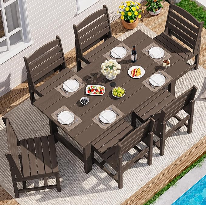 SERWALL Patio Dining Sets for 6 Person, HDPE Dining Set with 6 Armless Chairs, Coffee by SERWALL