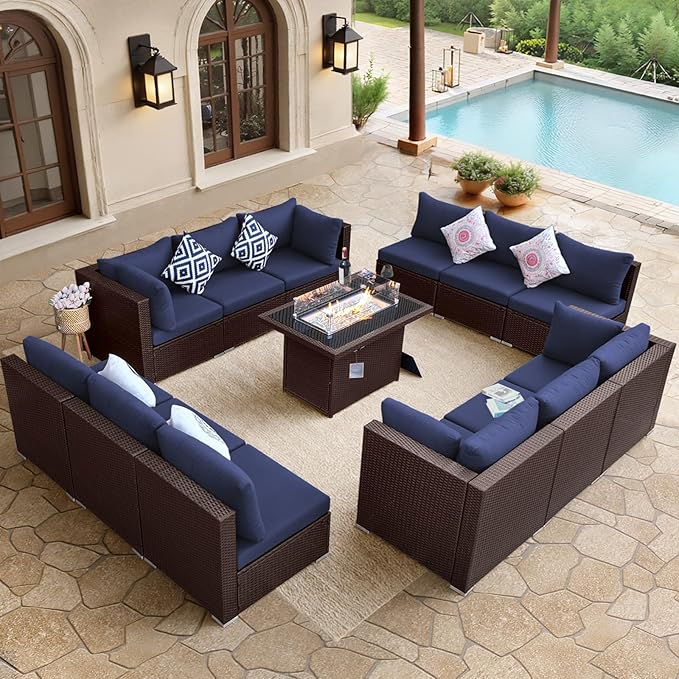BULEXYARD 13 Piece High Back Wicker Patio Furniture Sets with Fire Pit, Elegant Oversized Outdoor Seating Set Modular, Comfy Extra Deep Wide 12-Person Sectional Couch Sofa for Backyard, Brown & Blue