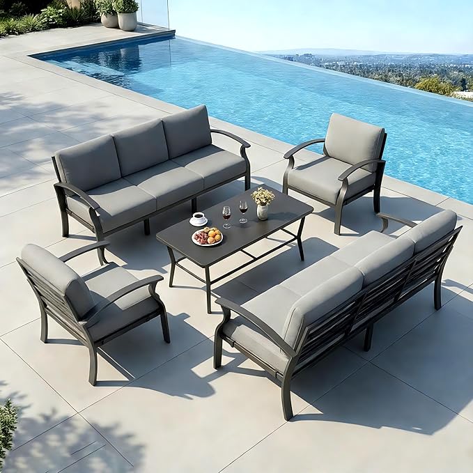 Aluminum Outdoor Patio Furniture Set,8 Seats Patio Conversation Sets with Rectangular Coffee Table,Metal Patio Sectional Furniture Set with 5.1" Thickened Cushions,Grey