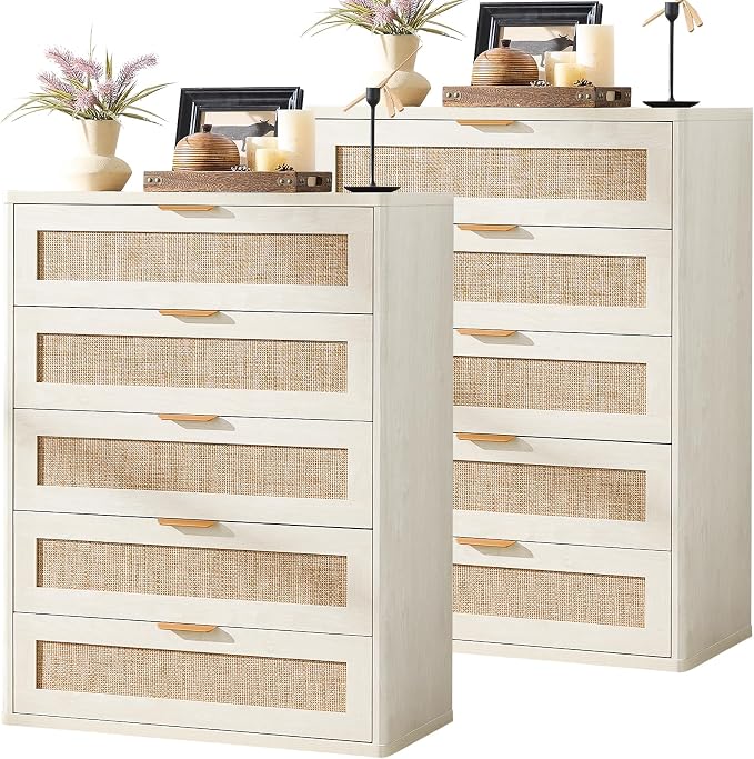 LEYAOYAO Rattan Dresser for Bedroom Set 2, 41" Tall Chest of Drawers, Modern 5 Drawers Boho Dressers with Storage, Light Oak Dresser Wooden Closet Organizer for Living Room, Hallway, Grey White by LEYAOYAO-Findtheshiningpointofyourideallife%EF%BC%81