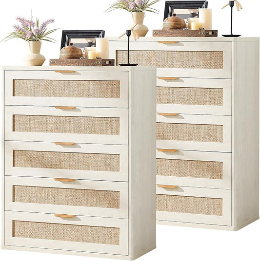 LEYAOYAO Rattan Dresser for Bedroom Set 2, 41" Tall Chest of Drawers, Modern 5 Drawers Boho Dressers with Storage, Light Oak Dresser Wooden Closet Organizer for Living Room, Hallway, Grey White by LEYAOYAO-Findtheshiningpointofyourideallife%EF%BC%81