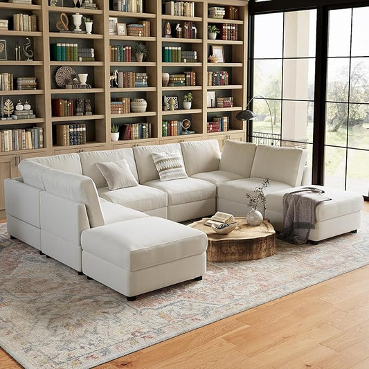 GarveeHome 138" Modular Sectional Sofa, 8 Seater Sectional Couch, U Shaped Sofa with Ottoman, Oversized Convertible Modular Couch for Living Room Apartment Office, Chenille Beige