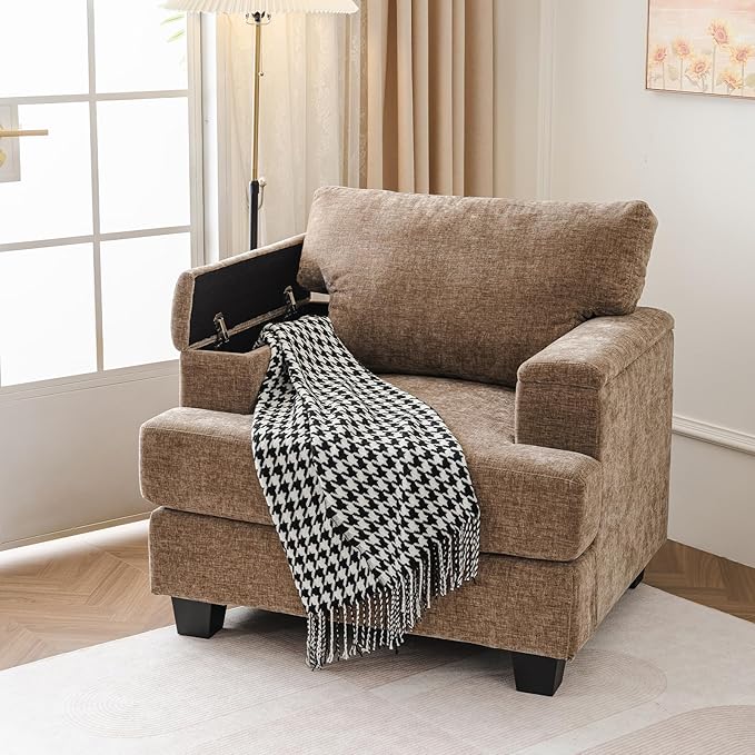 Oversized Accent Chair with Armrest Organizer,Living Room Chairs with 7.8'' Cushion,Upholstered Modern Armchair,Big Reading Chair,Comfy Sofa Chair for Bedroom,Chenille,Brown