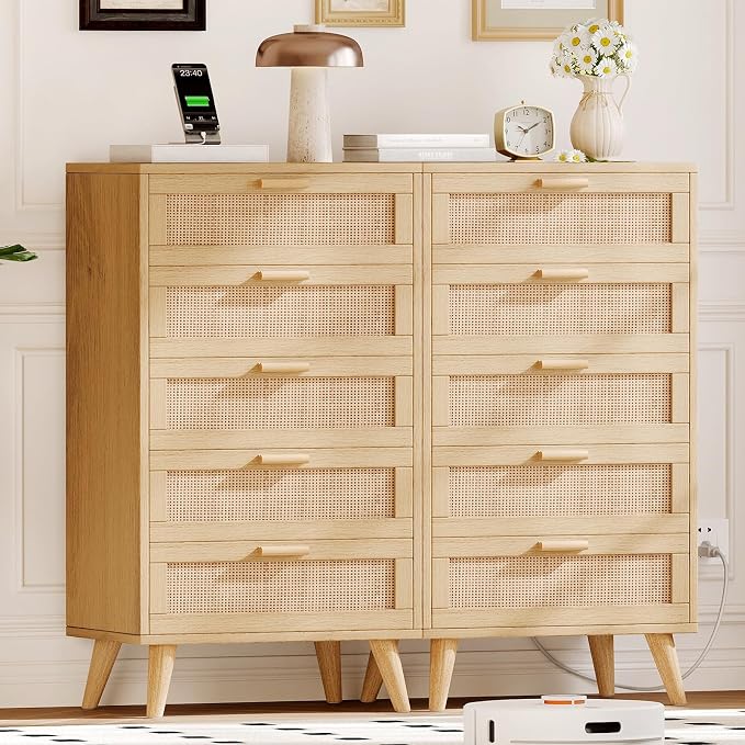 Rovaurx Modern 5 Drawer Dresser for Bedroom, 42.7" Tall Rattan Chest of Dressers with Charging Station, Dresser Chest with Wooden Handles, Beside Table for Closet, Living Room and Entryway, Natural - Image 4