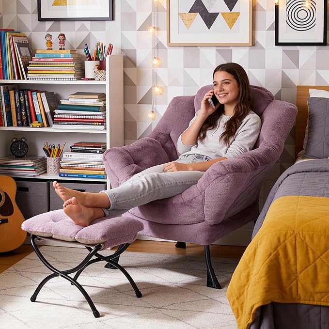 MBOOYOME Lazy Chair with Ottoman, Modern Accent Lounge Armchair with Side Pocket & Foldable Footstool, Leisure Reading Chair for Living Room, Bedroom, Dorm & Office, Plush Purple