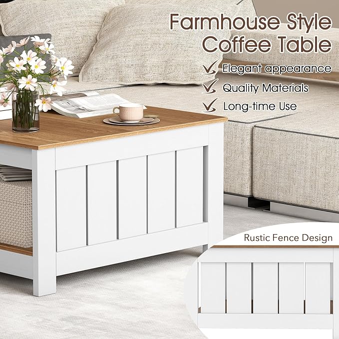 Giantex Farmhouse Coffee Table, 31.5 Inch Square Wood Coffee Table with Storage Shelf, 2-Tier Vintage Center Table with Open Compartment, Rustic Living Room Table for Home Office, Natural