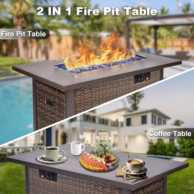 Grezone 9 Piece Patio Furniture Set with 44" Fire Pit Table, Outdoor Sectional Couch, PE Rattan Patio Conversation Sets with 4inch Cushions for Backyard Beige