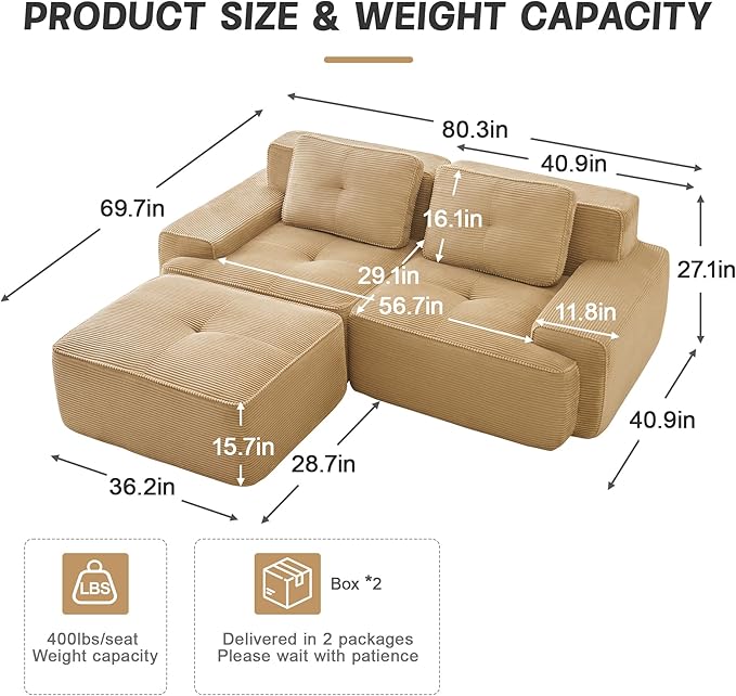 Casaphoria 80" Camel Corduroy Cloud Couch, Boneless Modular Sectional Sofa for Living Room with Deep 2-Seat & 1-Ottoman, L Shape Cloud Couch No Assembly Required