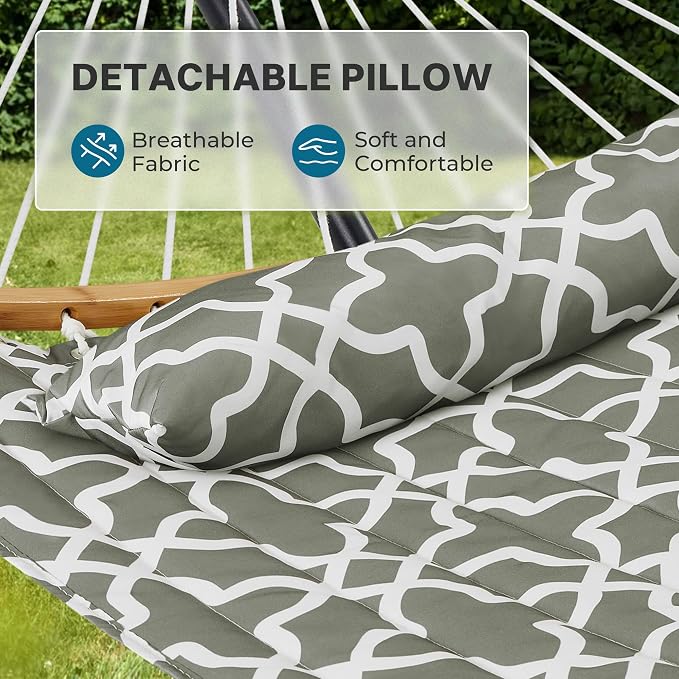 SUPERJARE Hammock with Stand, 2 Person Heavy Duty Hammock with Padded Cotton, Detachable Pillow & Strong Curved-Bar & Portable Carrying Bag, Perfect for Outdoor & Indoor, Grey with White Flower - Image 4